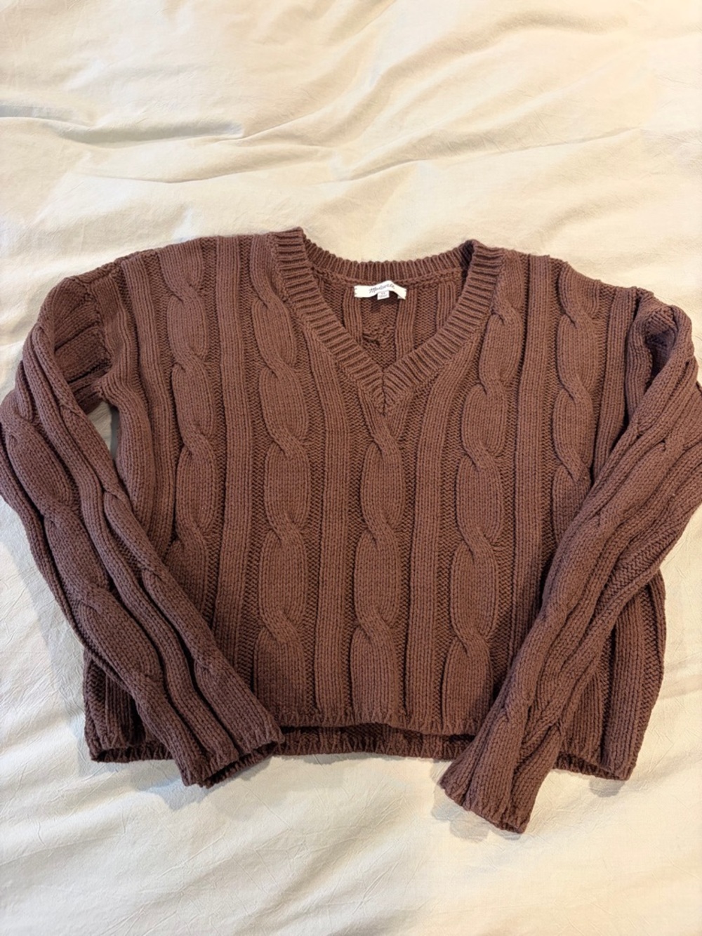 Madewell Cable Knit V-Neck Women's Sweater in Mauve Brown XS